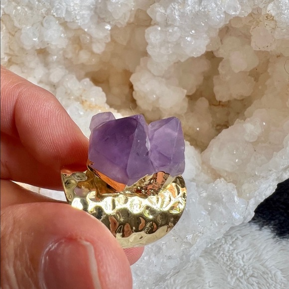 Gold Plated Amethyst Cluster Cuff Ring - Picture 7 of 9